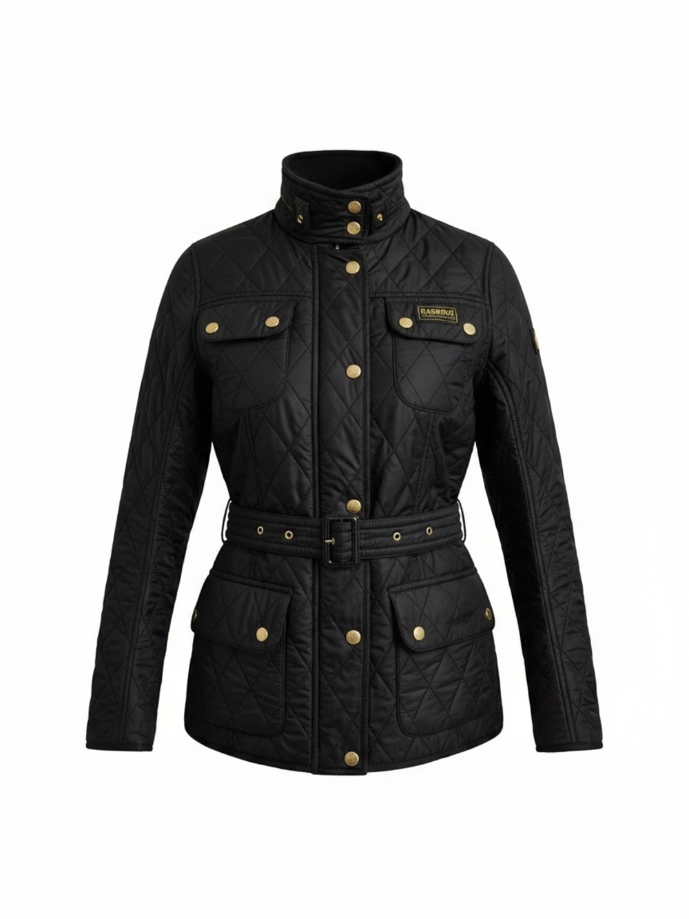 Barbour International Polarquilt Jacket Black Quilted Moto Biker Belted US 6